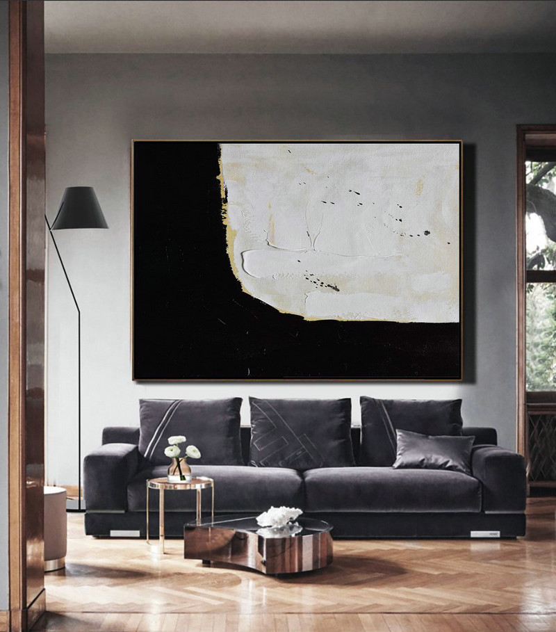 Extra Large Paintings,Horizontal Palette Knife Minimal Canvas Art Painting Black White Beige - Extra Large Wall Art